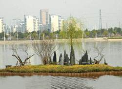 扬州新城区人工湖上盆景扮靓新扬州