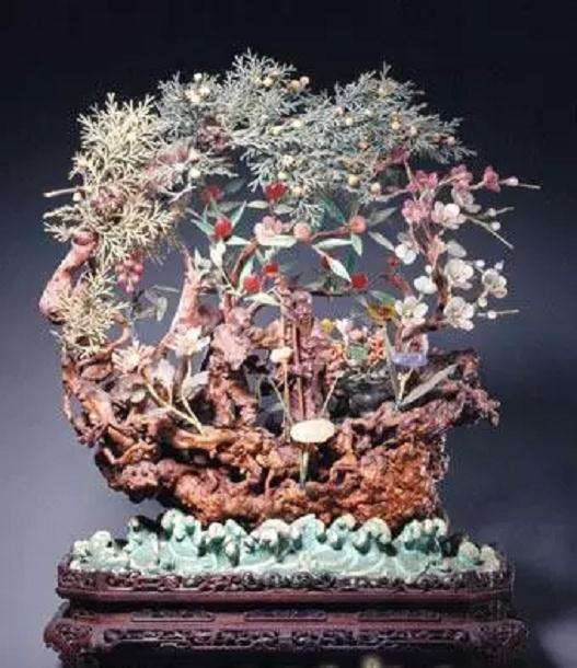 木雕寿星仙境镶宝石花卉盆景
