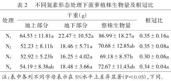 不同氮素形态处理对菠萝植株生物量的影响